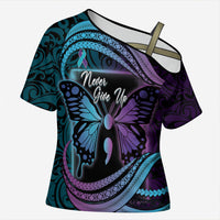 Personalised Polynesia Suicide Prevention Month Cross Shoulder Shirt Semicolon Butterfly Never Give Up Polynesian Pattern LT22 Female Teal - Polynesian Pride