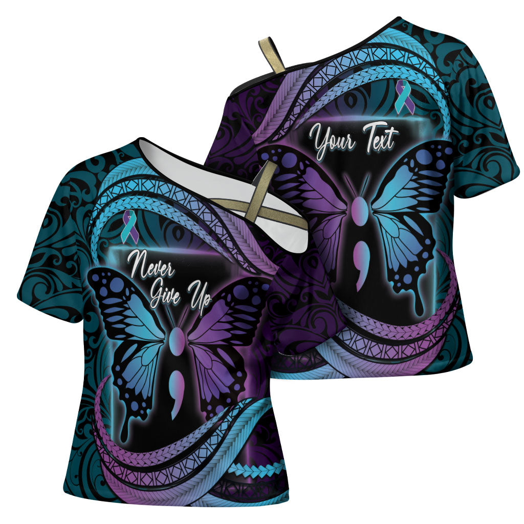 Personalised Polynesia Suicide Prevention Month Cross Shoulder Shirt Semicolon Butterfly Never Give Up Polynesian Pattern LT22 - Polynesian Pride