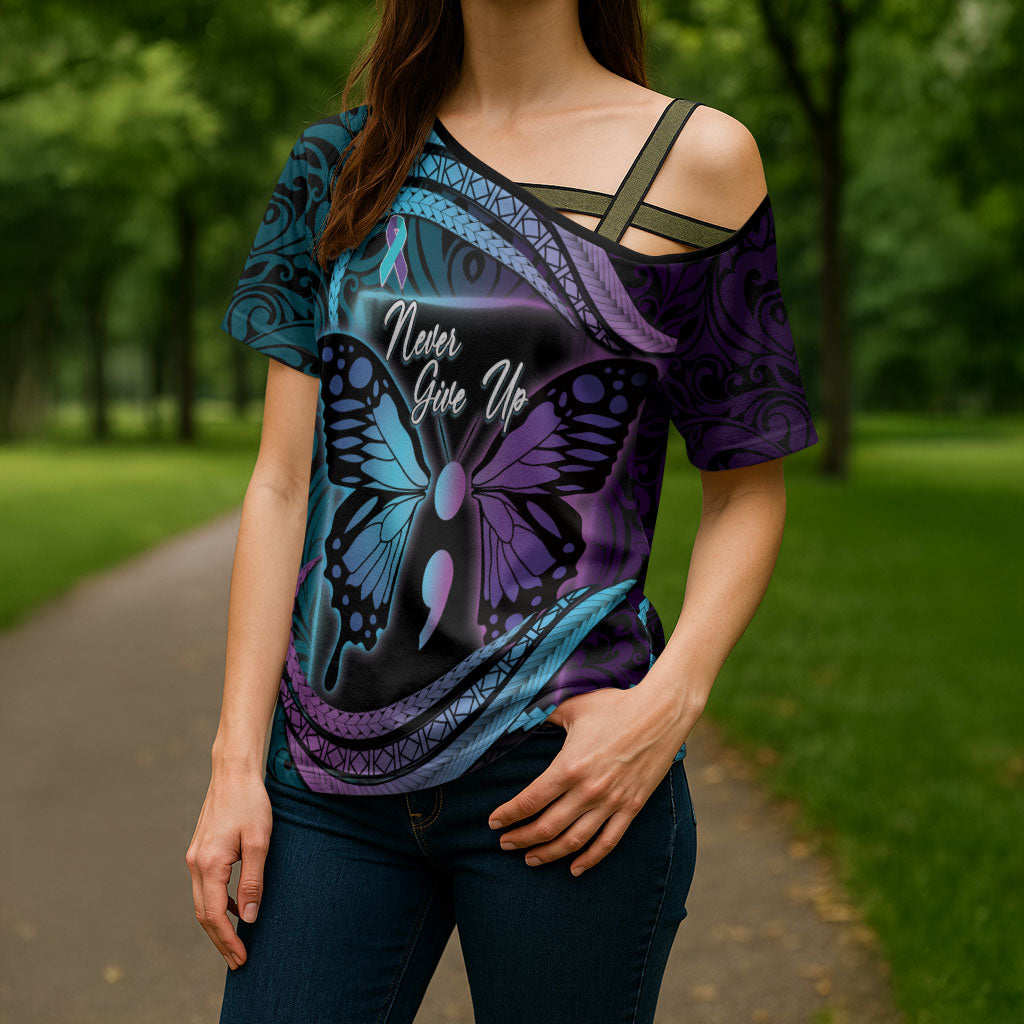 Personalised Polynesia Suicide Prevention Month Cross Shoulder Shirt Semicolon Butterfly Never Give Up Polynesian Pattern LT22 - Polynesian Pride