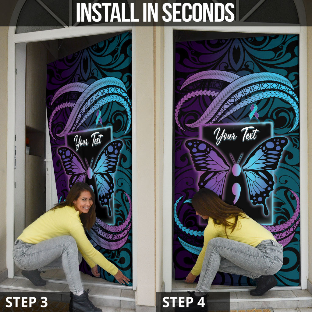 Personalised Polynesia Suicide Prevention Month Door Cover Semicolon Butterfly Never Give Up Polynesian Pattern LT22 - Polynesian Pride