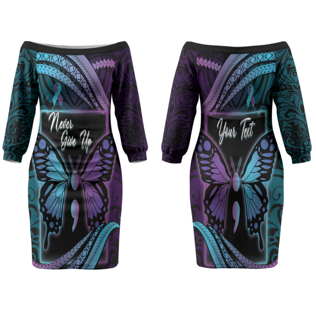 Personalised Polynesia Suicide Prevention Month Family Matching Off The Shoulder Long Sleeve Dress and Hawaiian Shirt Semicolon Butterfly Never Give Up Polynesian Pattern LT22 Mom's Dress Teal - Polynesian Pride