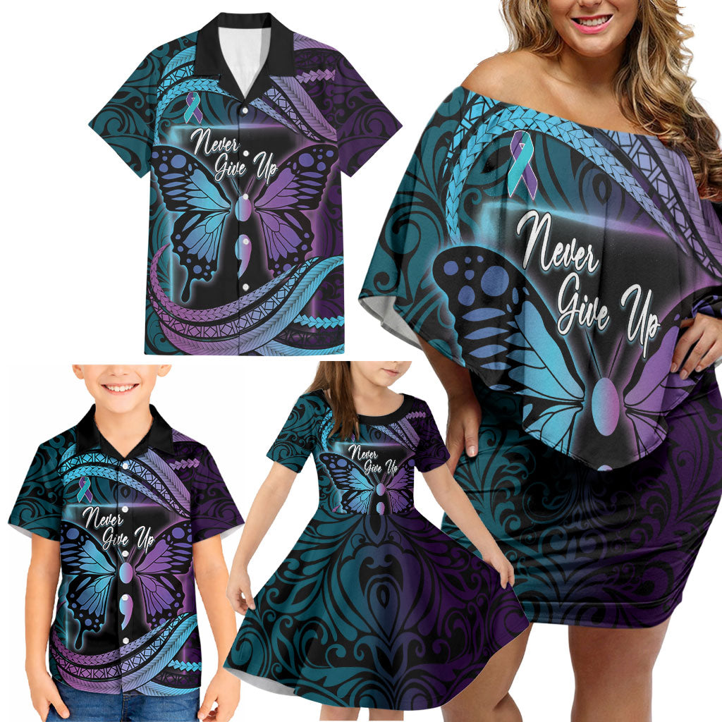 Personalised Polynesia Suicide Prevention Month Family Matching Off Shoulder Short Dress and Hawaiian Shirt Semicolon Butterfly Never Give Up Polynesian Pattern LT22 - Polynesian Pride