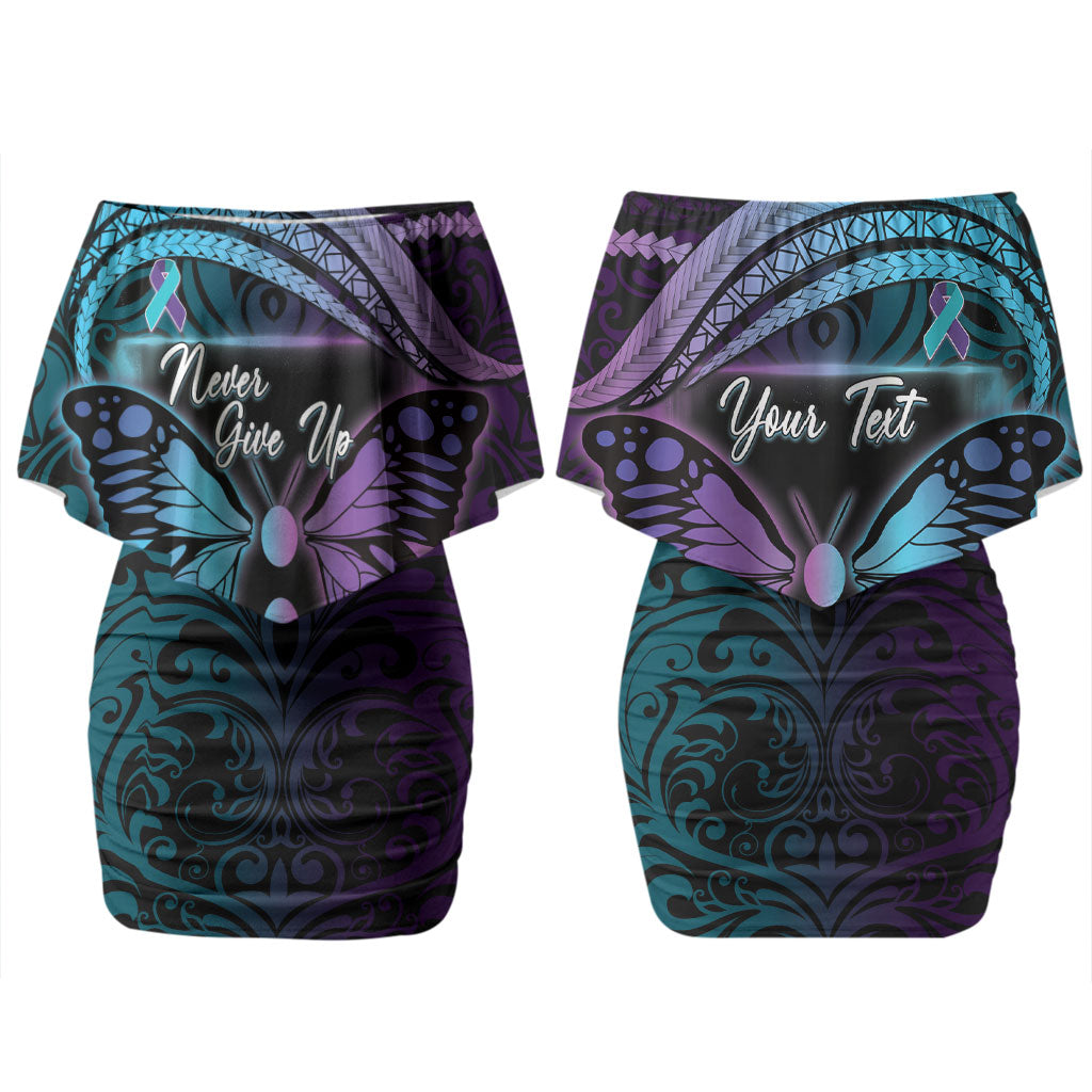 Personalised Polynesia Suicide Prevention Month Family Matching Off Shoulder Short Dress and Hawaiian Shirt Semicolon Butterfly Never Give Up Polynesian Pattern LT22 Mom's Dress Teal - Polynesian Pride