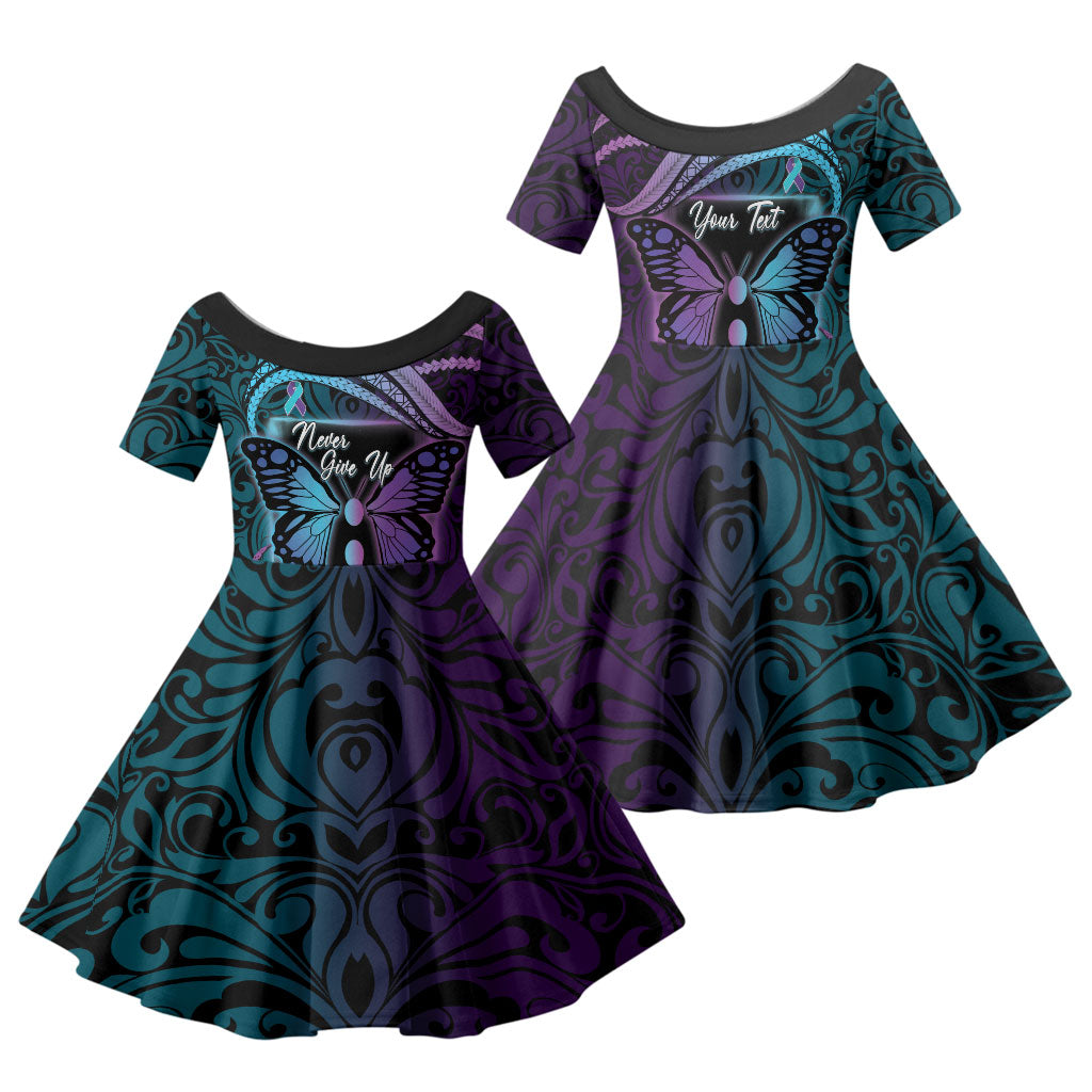 Personalised Polynesia Suicide Prevention Month Family Matching Puletasi and Hawaiian Shirt Semicolon Butterfly Never Give Up Polynesian Pattern LT22 Daughter's Dress Teal - Polynesian Pride