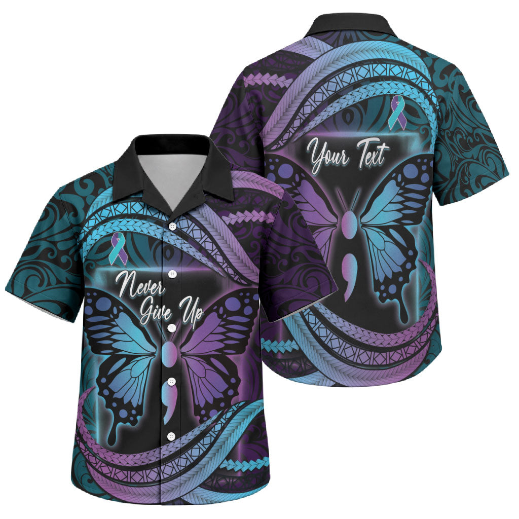 Personalised Polynesia Suicide Prevention Month Family Matching Puletasi and Hawaiian Shirt Semicolon Butterfly Never Give Up Polynesian Pattern LT22 Son's Shirt Teal - Polynesian Pride