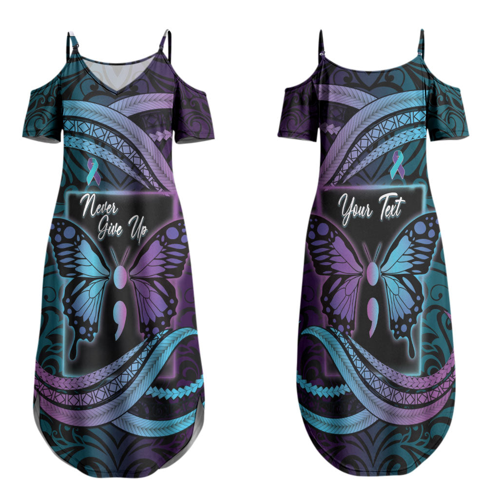 Personalised Polynesia Suicide Prevention Month Family Matching Summer Maxi Dress and Hawaiian Shirt Semicolon Butterfly Never Give Up Polynesian Pattern LT22 Mom's Dress Teal - Polynesian Pride