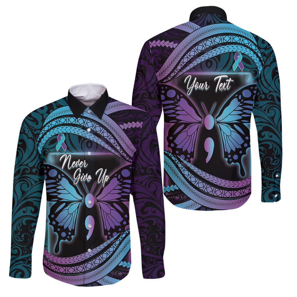 Personalised Polynesia Suicide Prevention Month Family Matching Summer Maxi Dress and Hawaiian Shirt Semicolon Butterfly Never Give Up Polynesian Pattern LT22 Dad's Shirt - Long Sleeve Teal - Polynesian Pride