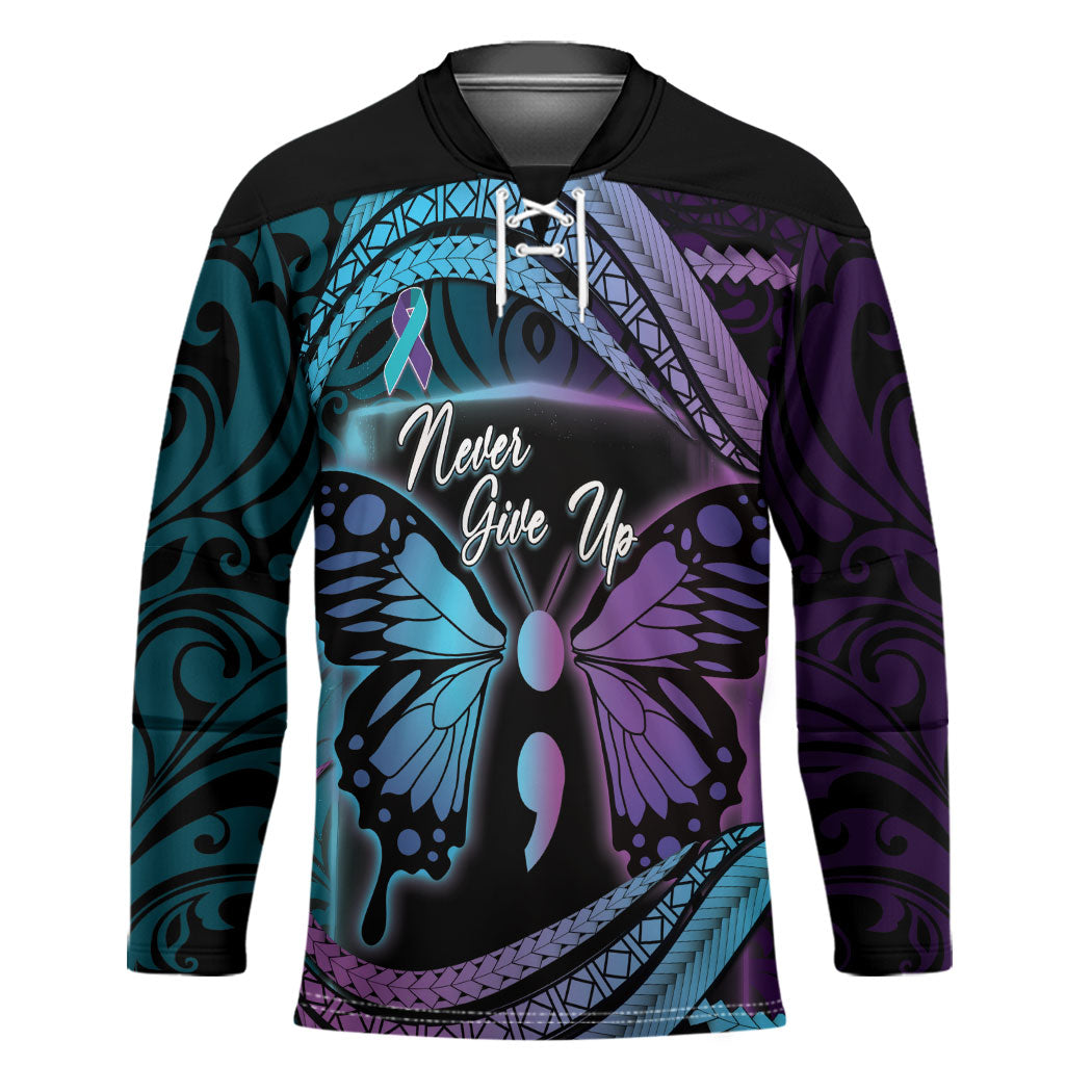 Personalised Polynesia Suicide Prevention Month Hockey Jersey Semicolon Butterfly Never Give Up Polynesian Pattern LT22 Unisex Teal - Polynesian Pride