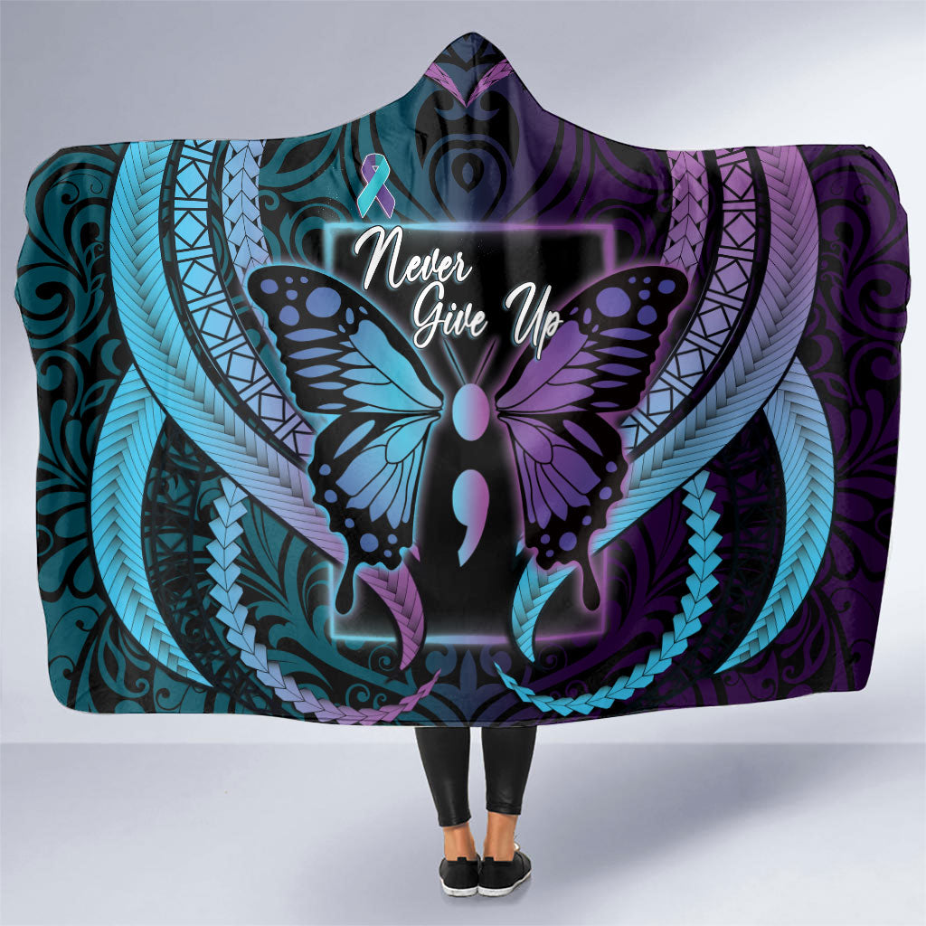 Polynesia Suicide Prevention Month Hooded Blanket Semicolon Butterfly Never Give Up Polynesian Pattern LT22 One Size Teal - Polynesian Pride