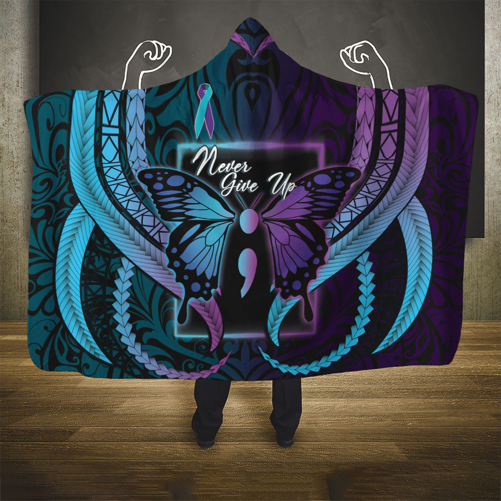 Polynesia Suicide Prevention Month Hooded Blanket Semicolon Butterfly Never Give Up Polynesian Pattern LT22 - Polynesian Pride