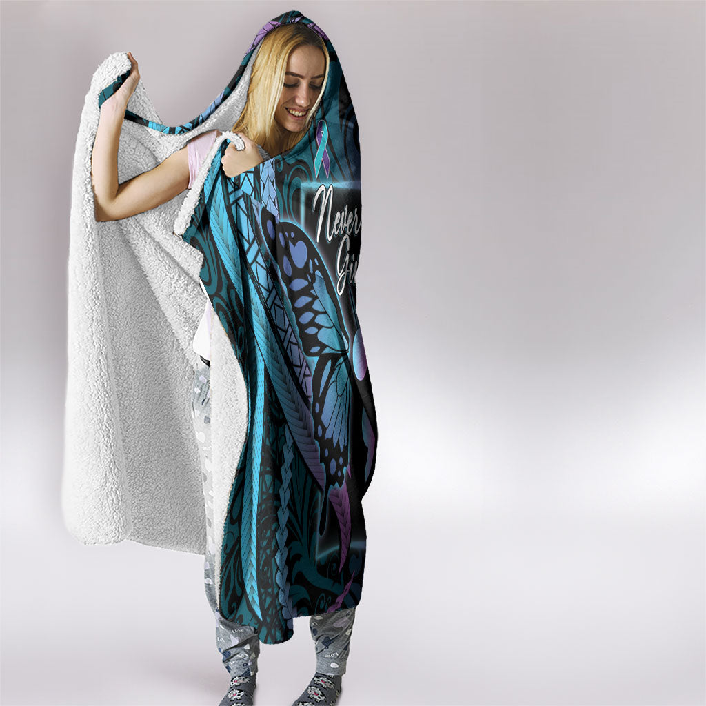Polynesia Suicide Prevention Month Hooded Blanket Semicolon Butterfly Never Give Up Polynesian Pattern LT22 - Polynesian Pride