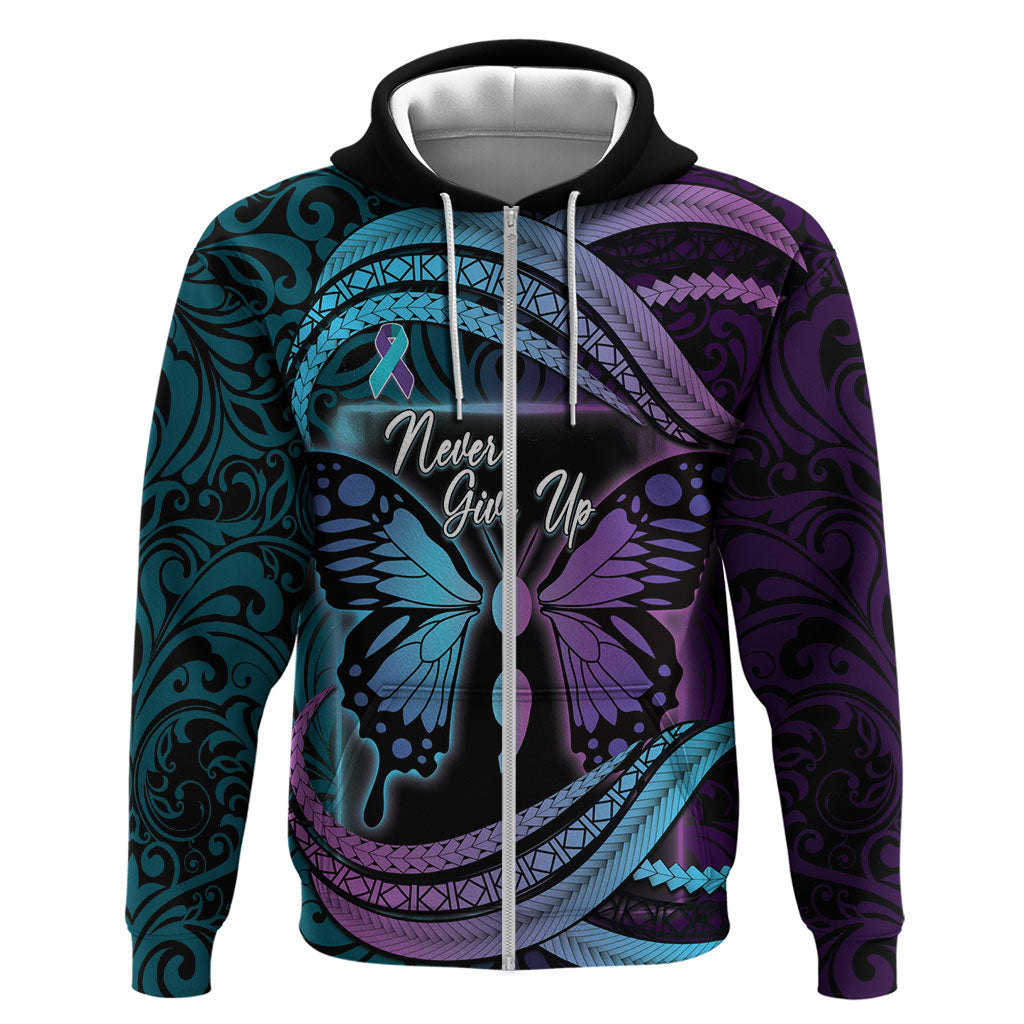 Personalised Polynesia Suicide Prevention Month Hoodie Semicolon Butterfly Never Give Up Polynesian Pattern LT22 Zip Hoodie Teal - Polynesian Pride
