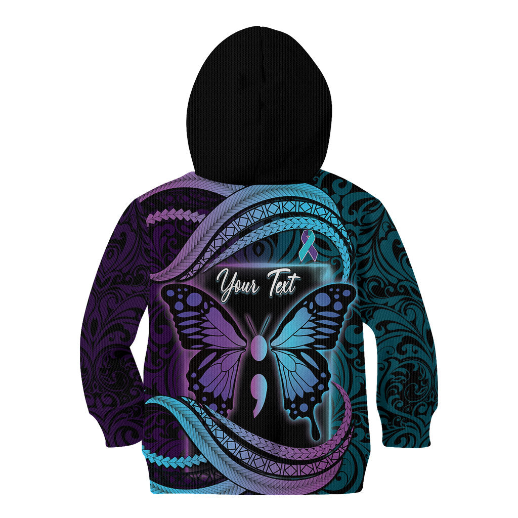 Personalised Polynesia Suicide Prevention Month Kid Hoodie Semicolon Butterfly Never Give Up Polynesian Pattern LT22 - Polynesian Pride