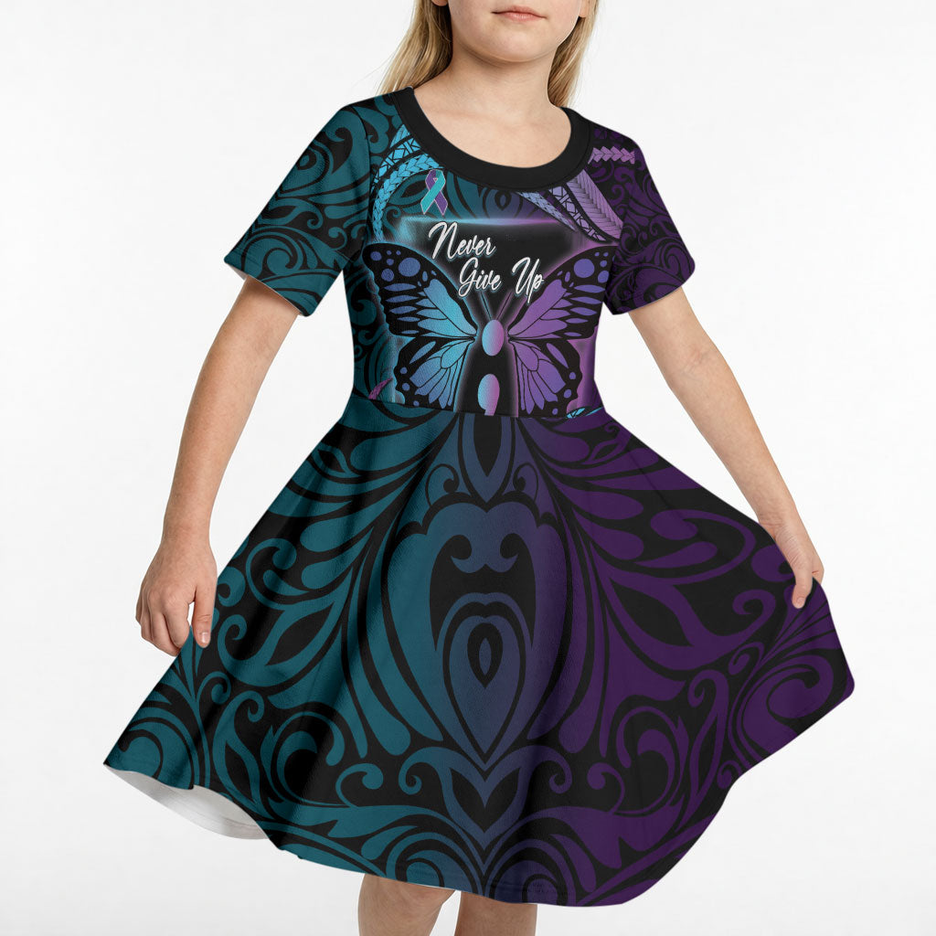 Personalised Polynesia Suicide Prevention Month Kid Short Sleeve Dress Semicolon Butterfly Never Give Up Polynesian Pattern LT22 - Polynesian Pride