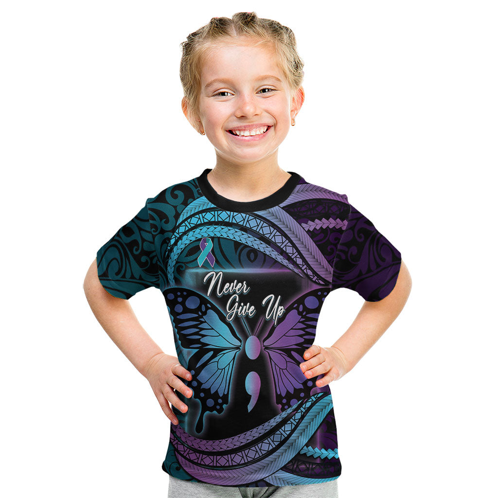 Personalised Polynesia Suicide Prevention Month Kid T Shirt Semicolon Butterfly Never Give Up Polynesian Pattern LT22 Teal - Polynesian Pride