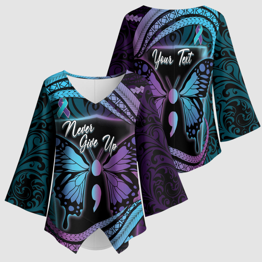 Personalised Polynesia Suicide Prevention Month Kimono Sleeve Blouse Semicolon Butterfly Never Give Up Polynesian Pattern LT22 - Polynesian Pride