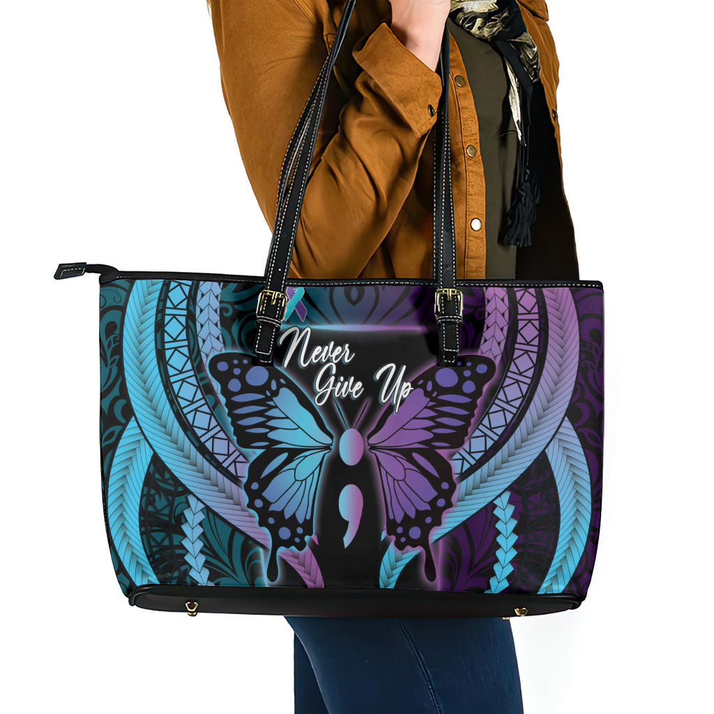 Polynesia Suicide Prevention Month Leather Tote Bag Semicolon Butterfly Never Give Up Polynesian Pattern LT22 - Polynesian Pride
