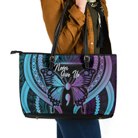 Polynesia Suicide Prevention Month Leather Tote Bag Semicolon Butterfly Never Give Up Polynesian Pattern LT22 - Polynesian Pride