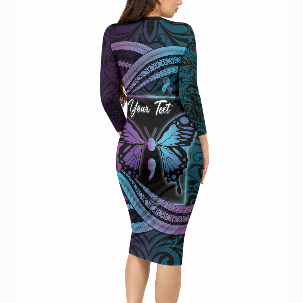 Personalised Polynesia Suicide Prevention Month Long Sleeve Bodycon Dress Semicolon Butterfly Never Give Up Polynesian Pattern LT22 - Polynesian Pride