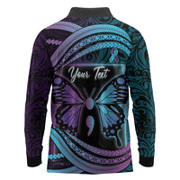 Personalised Polynesia Suicide Prevention Month Long Sleeve Polo Shirt Semicolon Butterfly Never Give Up Polynesian Pattern LT22 - Polynesian Pride