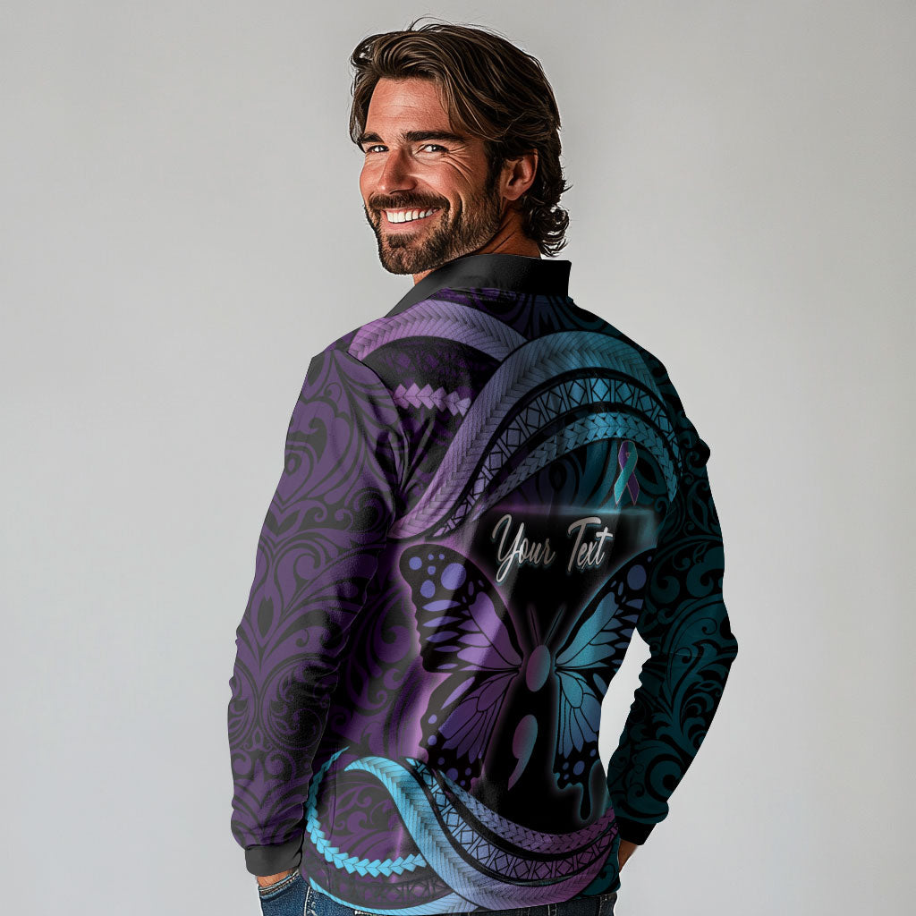 Personalised Polynesia Suicide Prevention Month Long Sleeve Polo Shirt Semicolon Butterfly Never Give Up Polynesian Pattern LT22 - Polynesian Pride