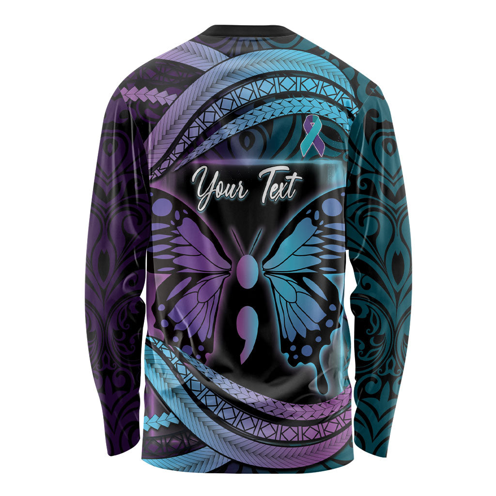 Personalised Polynesia Suicide Prevention Month Long Sleeve Shirt Semicolon Butterfly Never Give Up Polynesian Pattern LT22 - Polynesian Pride