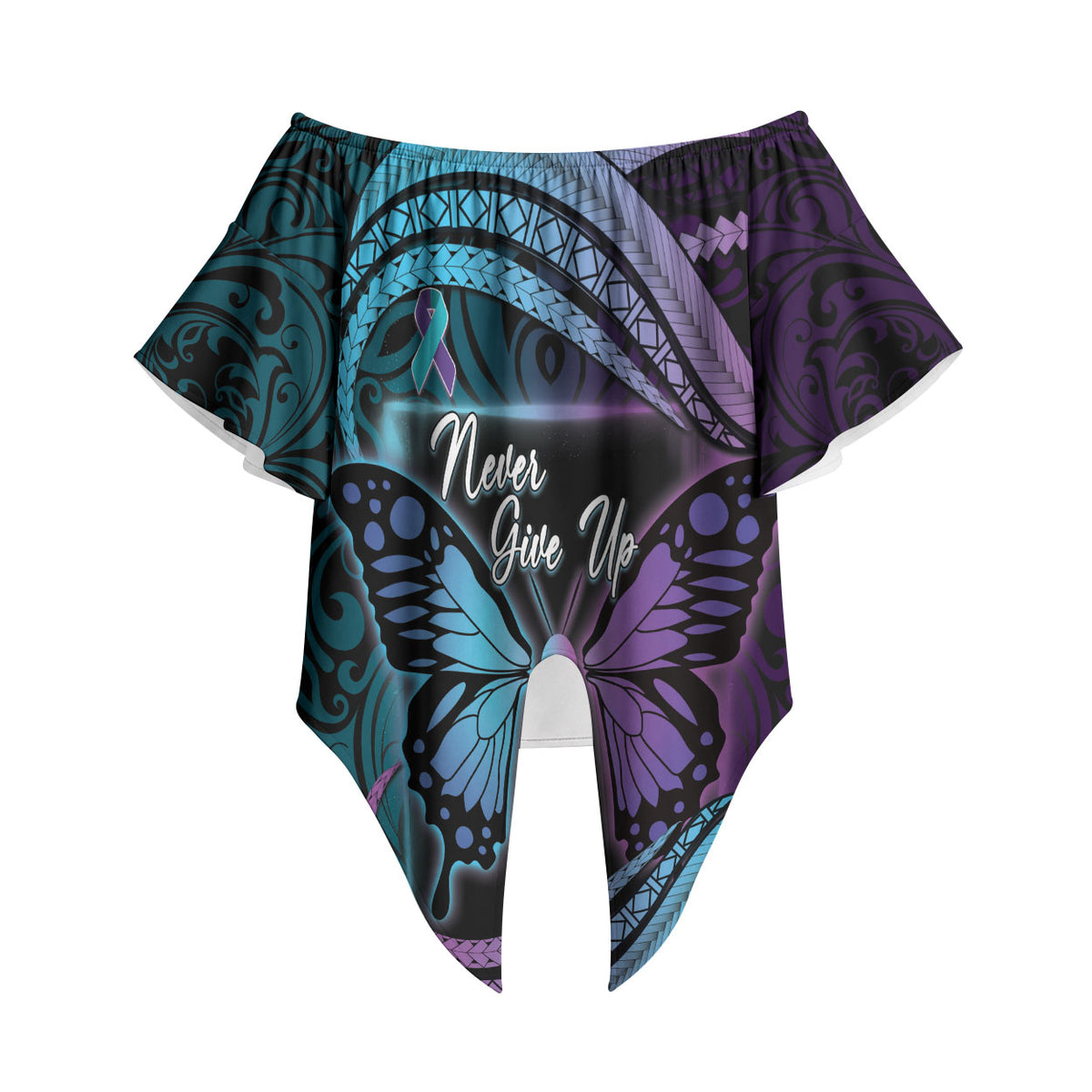 Personalised Polynesia Suicide Prevention Month Off Shoulder Wrap Waist Top Semicolon Butterfly Never Give Up Polynesian Pattern LT22 - Polynesian Pride