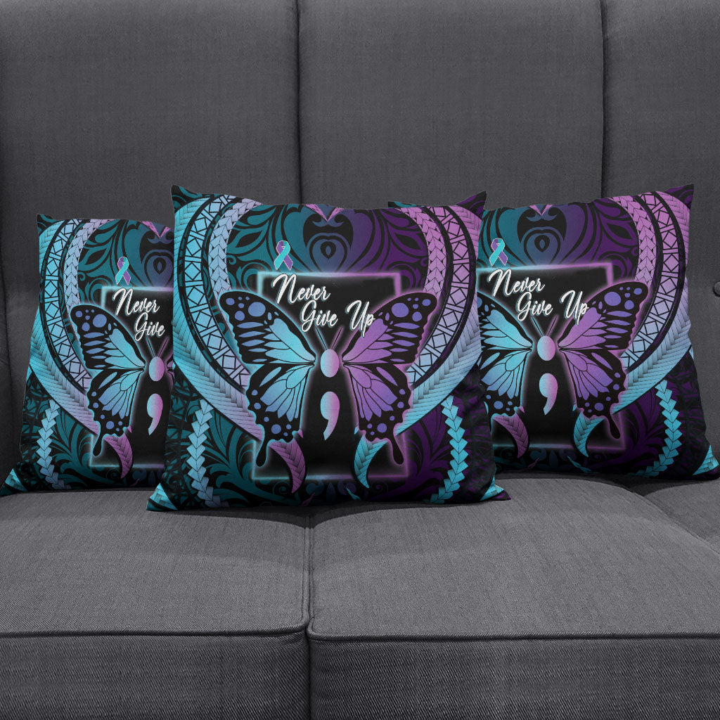Polynesia Suicide Prevention Month Pillow Cover Semicolon Butterfly Never Give Up Polynesian Pattern LT22 - Polynesian Pride