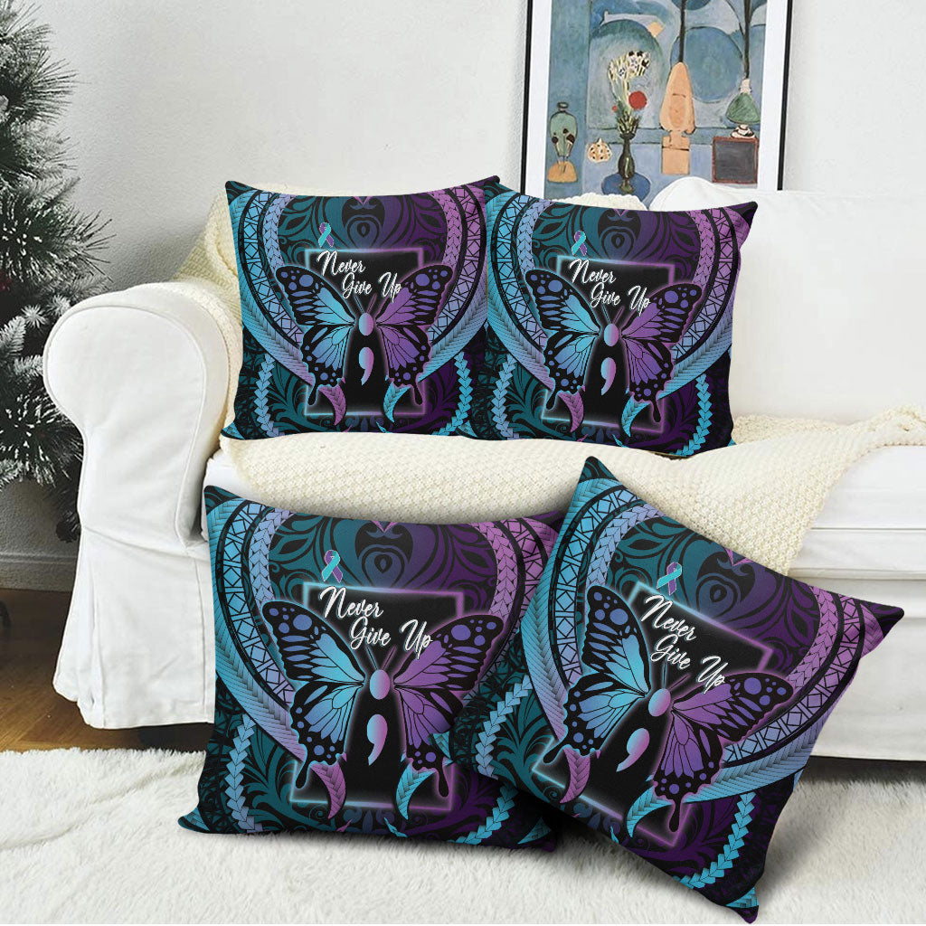 Polynesia Suicide Prevention Month Pillow Cover Semicolon Butterfly Never Give Up Polynesian Pattern LT22 - Polynesian Pride