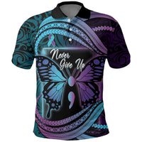 Personalised Polynesia Suicide Prevention Month Polo Shirt Semicolon Butterfly Never Give Up Polynesian Pattern LT22 Teal - Polynesian Pride