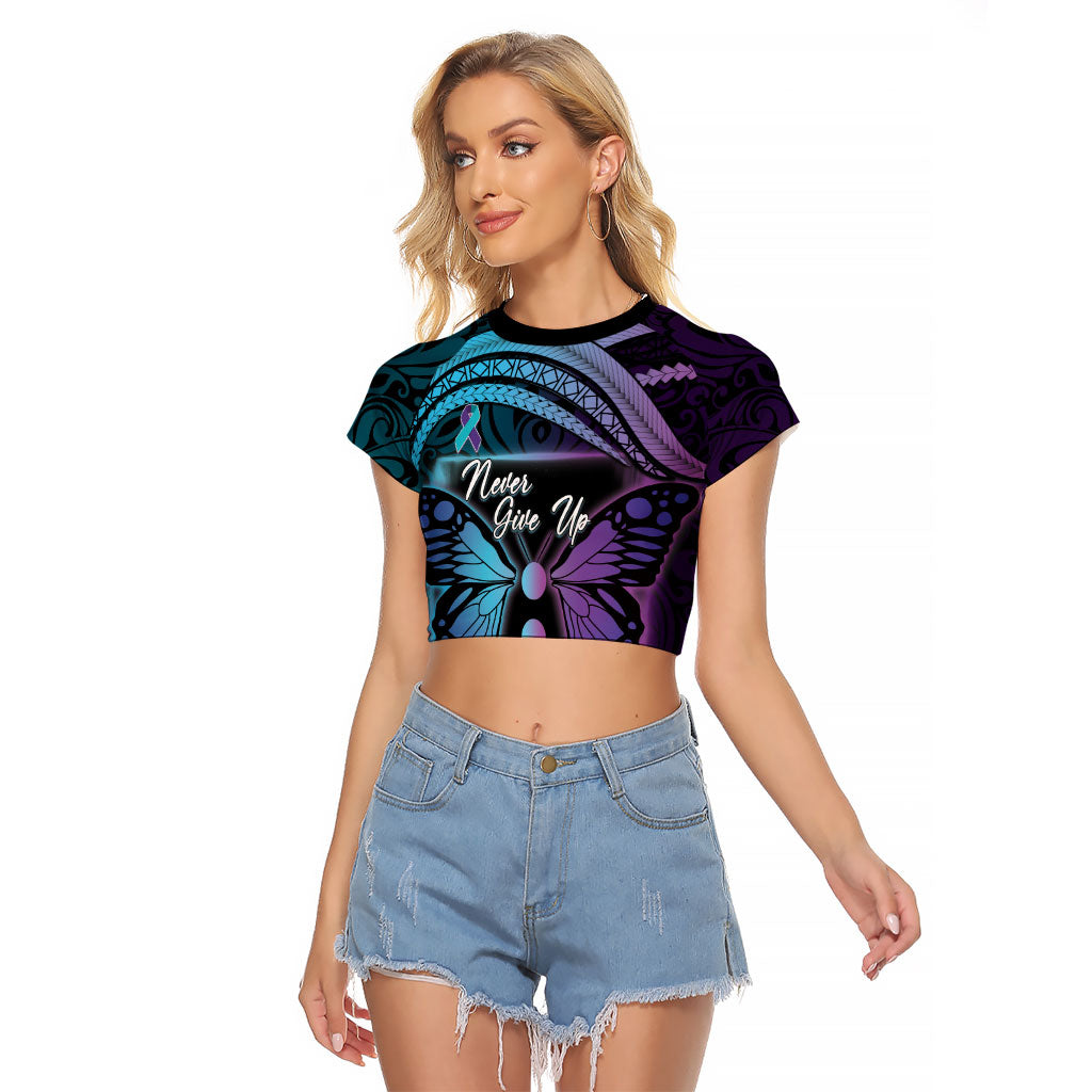 Personalised Polynesia Suicide Prevention Month Raglan Cropped T Shirt Semicolon Butterfly Never Give Up Polynesian Pattern LT22 Female Teal - Polynesian Pride