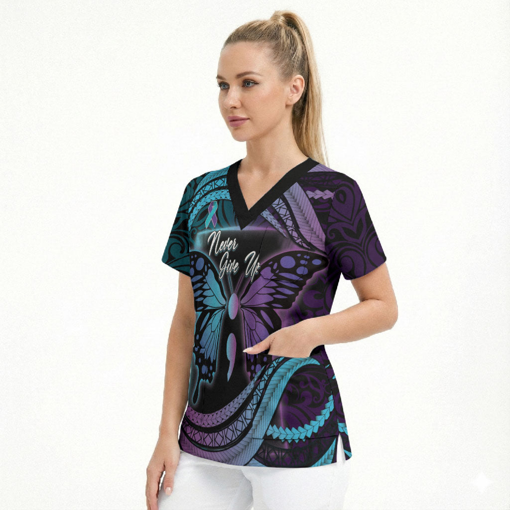Personalised Polynesia Suicide Prevention Month Scrub Top Semicolon Butterfly Never Give Up Polynesian Pattern LT22 - Polynesian Pride