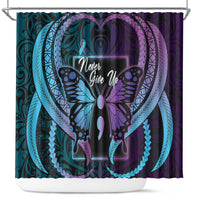 Polynesia Suicide Prevention Month Shower Curtain Semicolon Butterfly Never Give Up Polynesian Pattern LT22 Teal - Polynesian Pride