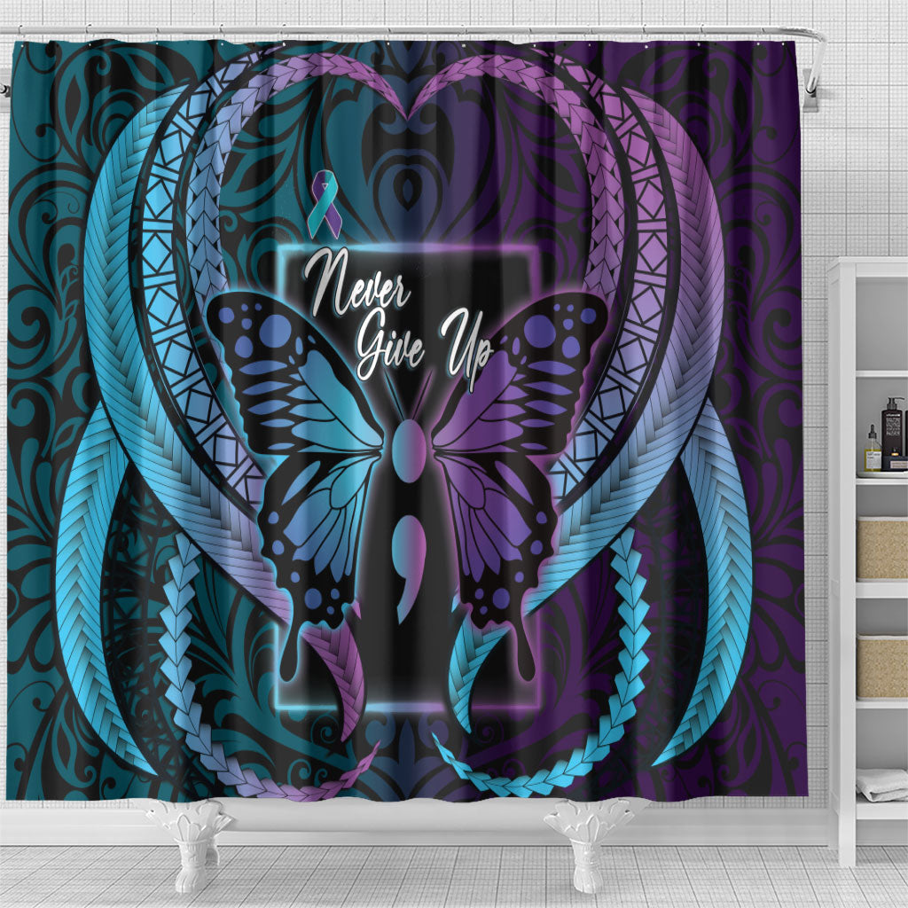 Polynesia Suicide Prevention Month Shower Curtain Semicolon Butterfly Never Give Up Polynesian Pattern LT22 - Polynesian Pride