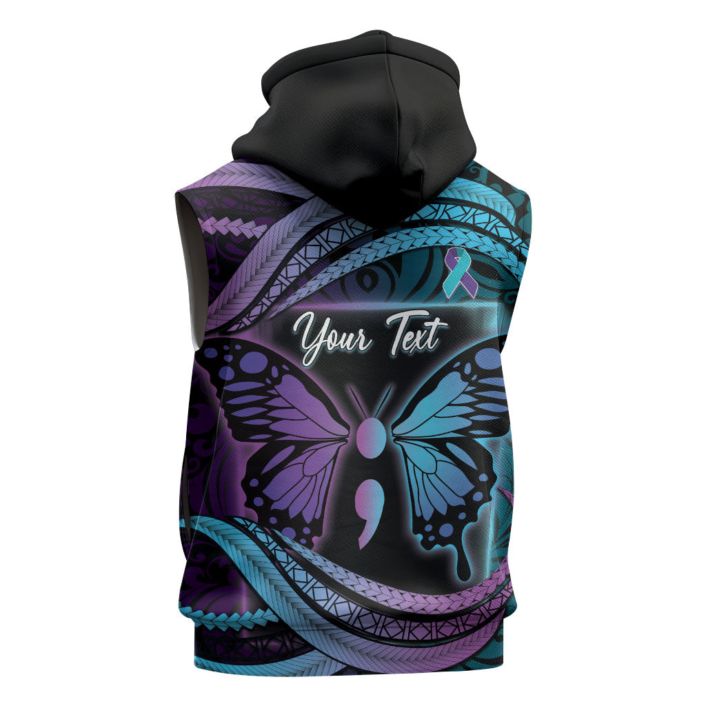 Personalised Polynesia Suicide Prevention Month Sleeveless Zip Hoodie Semicolon Butterfly Never Give Up Polynesian Pattern LT22 - Polynesian Pride