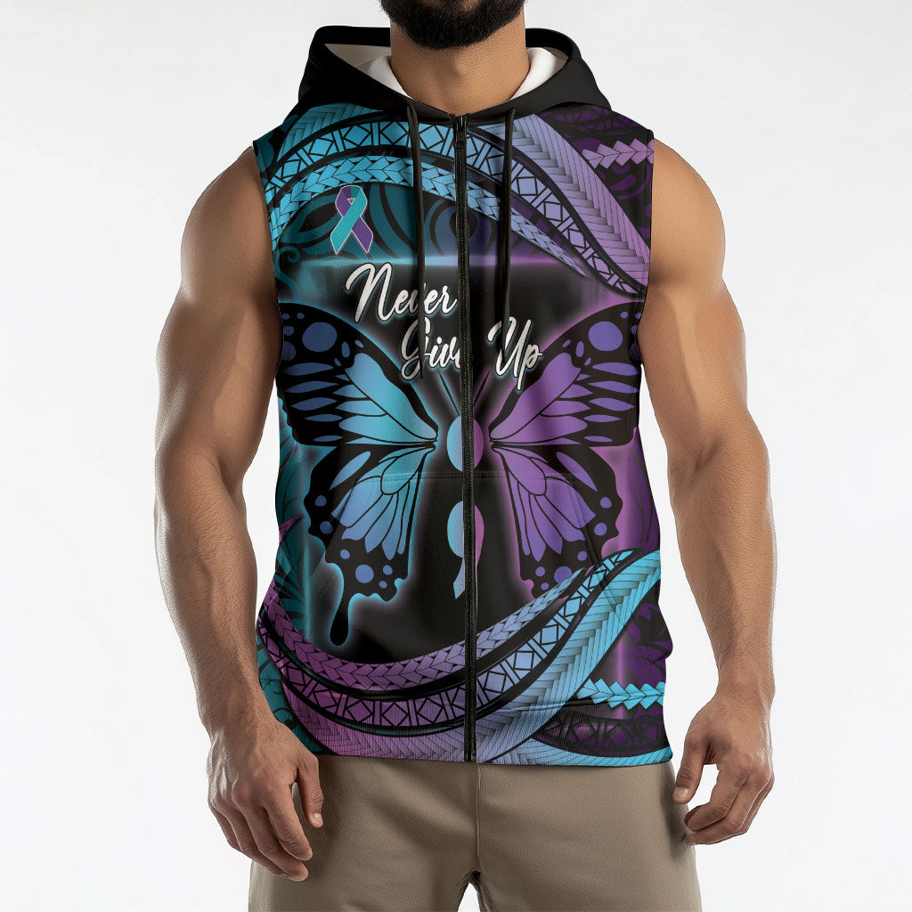 Personalised Polynesia Suicide Prevention Month Sleeveless Zip Hoodie Semicolon Butterfly Never Give Up Polynesian Pattern LT22 - Polynesian Pride
