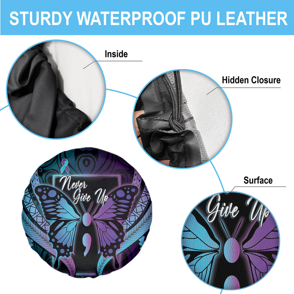 Polynesia Suicide Prevention Month Spare Tire Cover Semicolon Butterfly Never Give Up Polynesian Pattern LT22 - Polynesian Pride