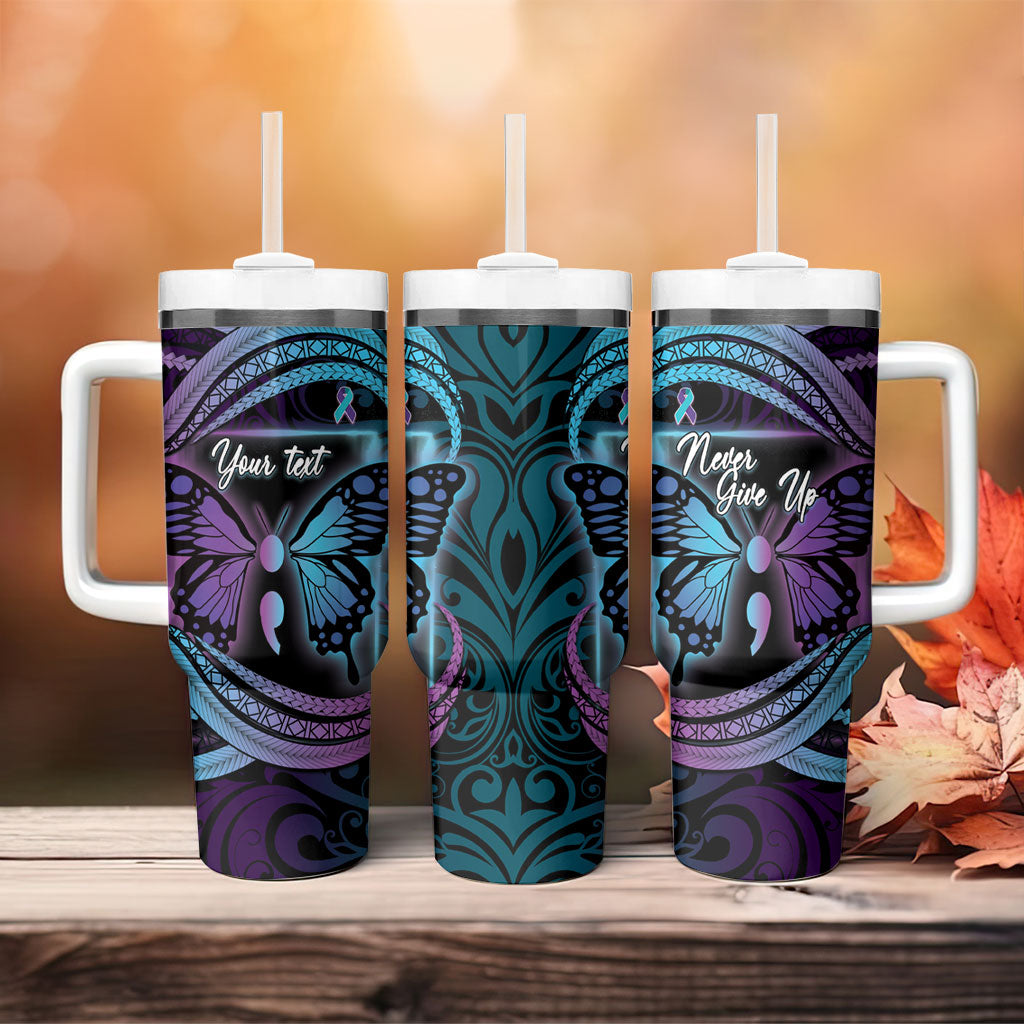 Personalised Polynesia Suicide Prevention Month Tumbler With Handle Semicolon Butterfly Never Give Up Polynesian Pattern LT22 - Polynesian Pride