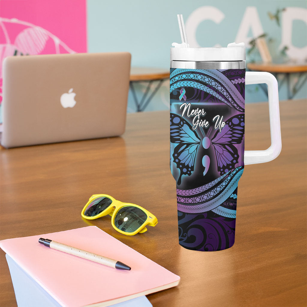 Personalised Polynesia Suicide Prevention Month Tumbler With Handle Semicolon Butterfly Never Give Up Polynesian Pattern LT22 - Polynesian Pride