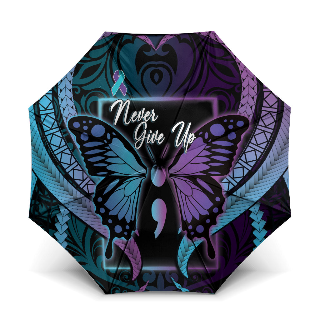 Polynesia Suicide Prevention Month Umbrella Semicolon Butterfly Never Give Up Polynesian Pattern LT22 One Size Folded 11.42 inch Opened Diameter 37.4 inch Teal - Polynesian Pride