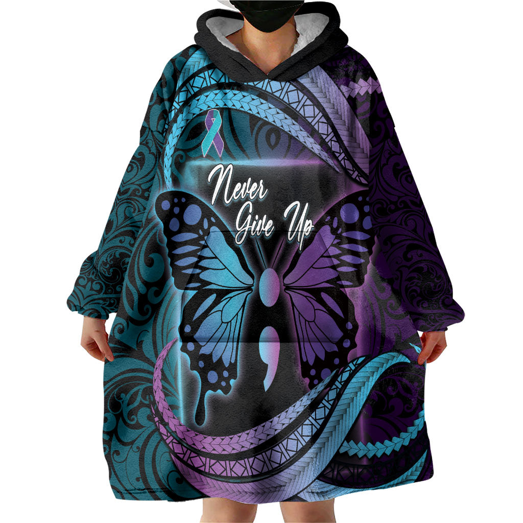 Personalised Polynesia Suicide Prevention Month Wearable Blanket Hoodie Semicolon Butterfly Never Give Up Polynesian Pattern LT22 - Polynesian Pride