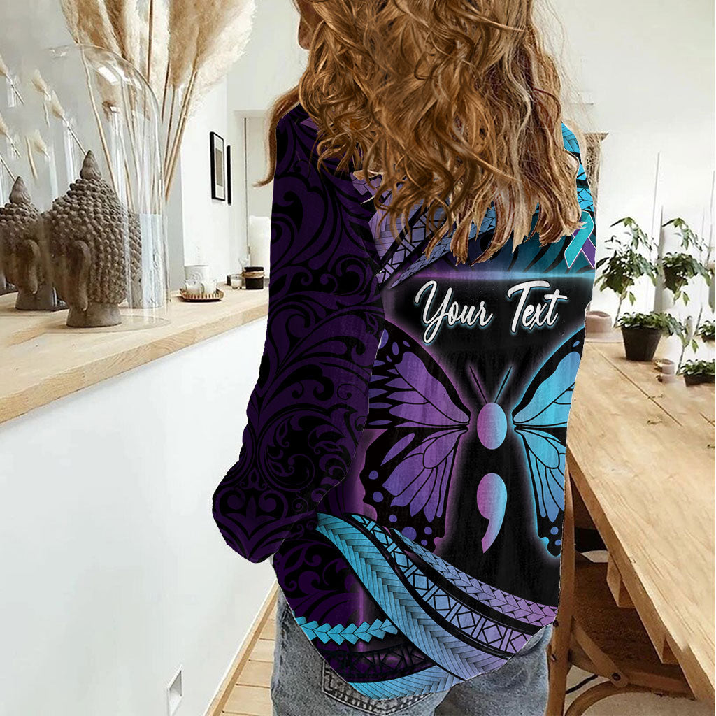 Personalised Polynesia Suicide Prevention Month Women Casual Shirt Semicolon Butterfly Never Give Up Polynesian Pattern LT22 - Polynesian Pride