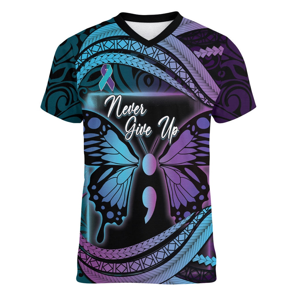 Personalised Polynesia Suicide Prevention Month Women V-Neck T-Shirt Semicolon Butterfly Never Give Up Polynesian Pattern LT22 Female Teal - Polynesian Pride