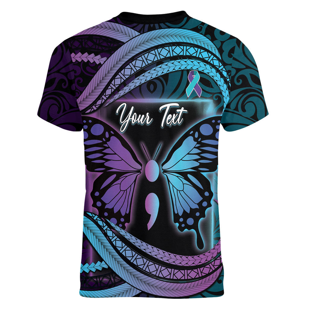Personalised Polynesia Suicide Prevention Month Women V-Neck T-Shirt Semicolon Butterfly Never Give Up Polynesian Pattern LT22 - Polynesian Pride