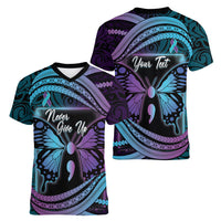 Personalised Polynesia Suicide Prevention Month Women V-Neck T-Shirt Semicolon Butterfly Never Give Up Polynesian Pattern LT22 - Polynesian Pride