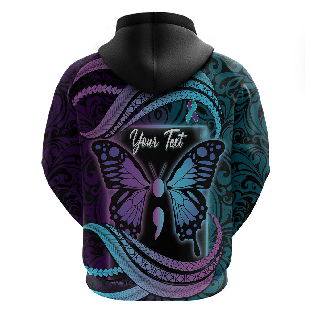 Personalised Polynesia Suicide Prevention Month Zip Hoodie Semicolon Butterfly Never Give Up Polynesian Pattern LT22 - Polynesian Pride