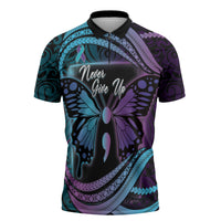 Personalised Polynesia Suicide Prevention Month Zipper Polo Shirt Semicolon Butterfly Never Give Up Polynesian Pattern LT22 Teal - Polynesian Pride