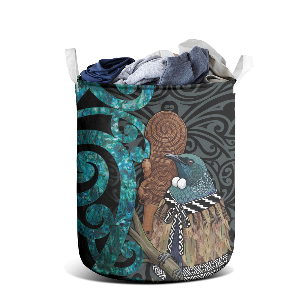 New Zealand Tui Bird Wahaika Laundry Basket Maori Weapon Paua Shell Koru Pattern LT22 - Polynesian Pride