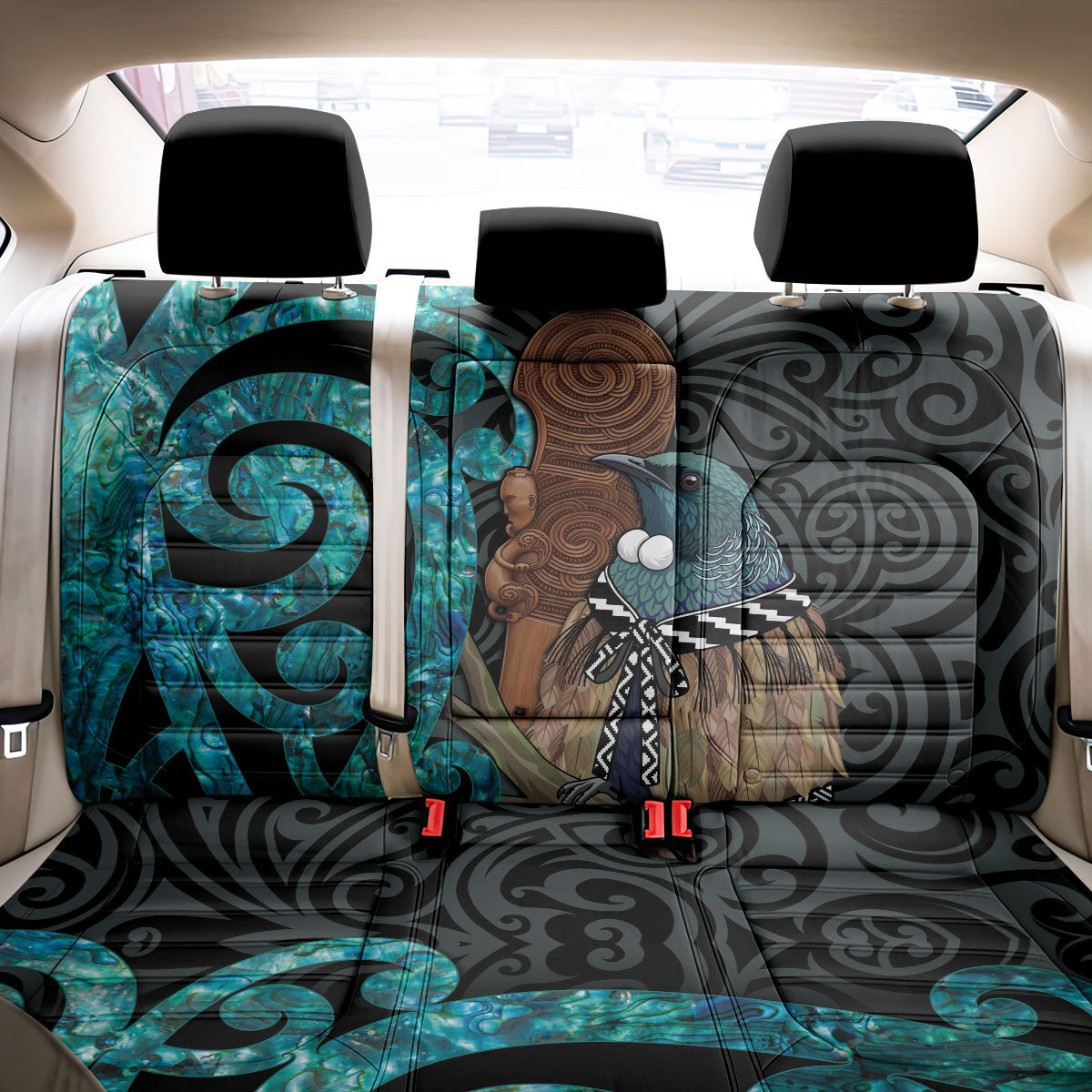 New Zealand Tui Bird Wahaika Back Car Seat Cover Maori Weapon Paua Shell Koru Pattern LT22 - Polynesian Pride