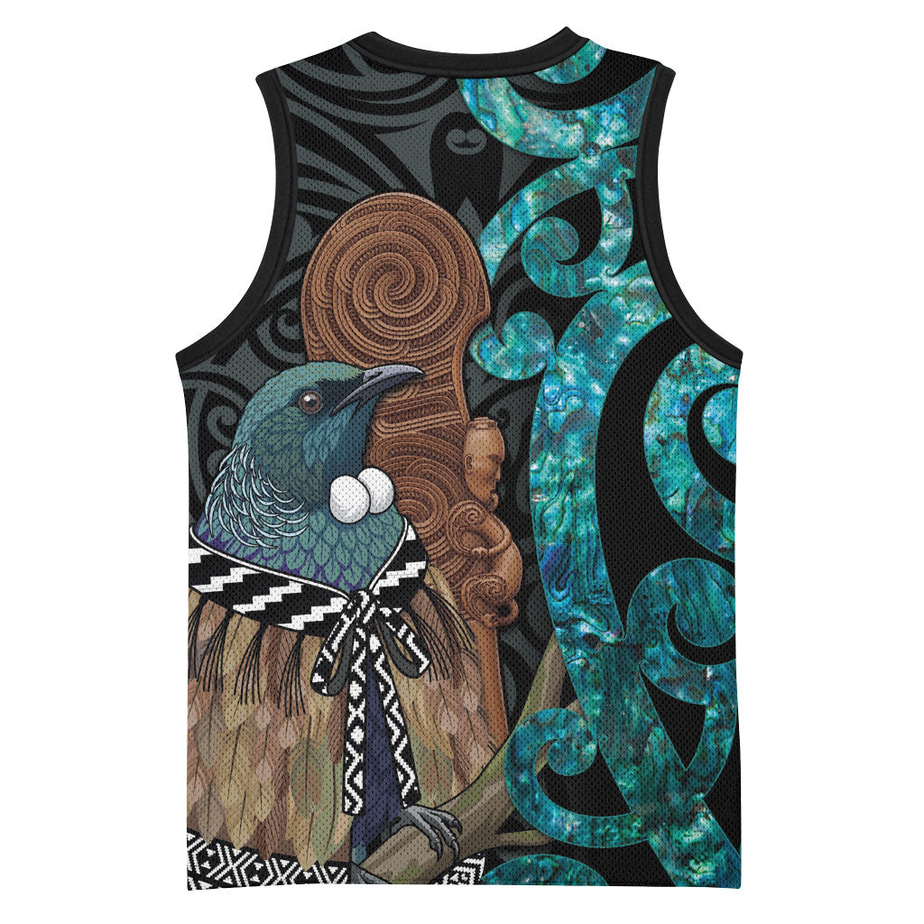 New Zealand Tui Bird Wahaika Basketball Jersey Maori Weapon Paua Shell Koru Pattern LT22 - Polynesian Pride